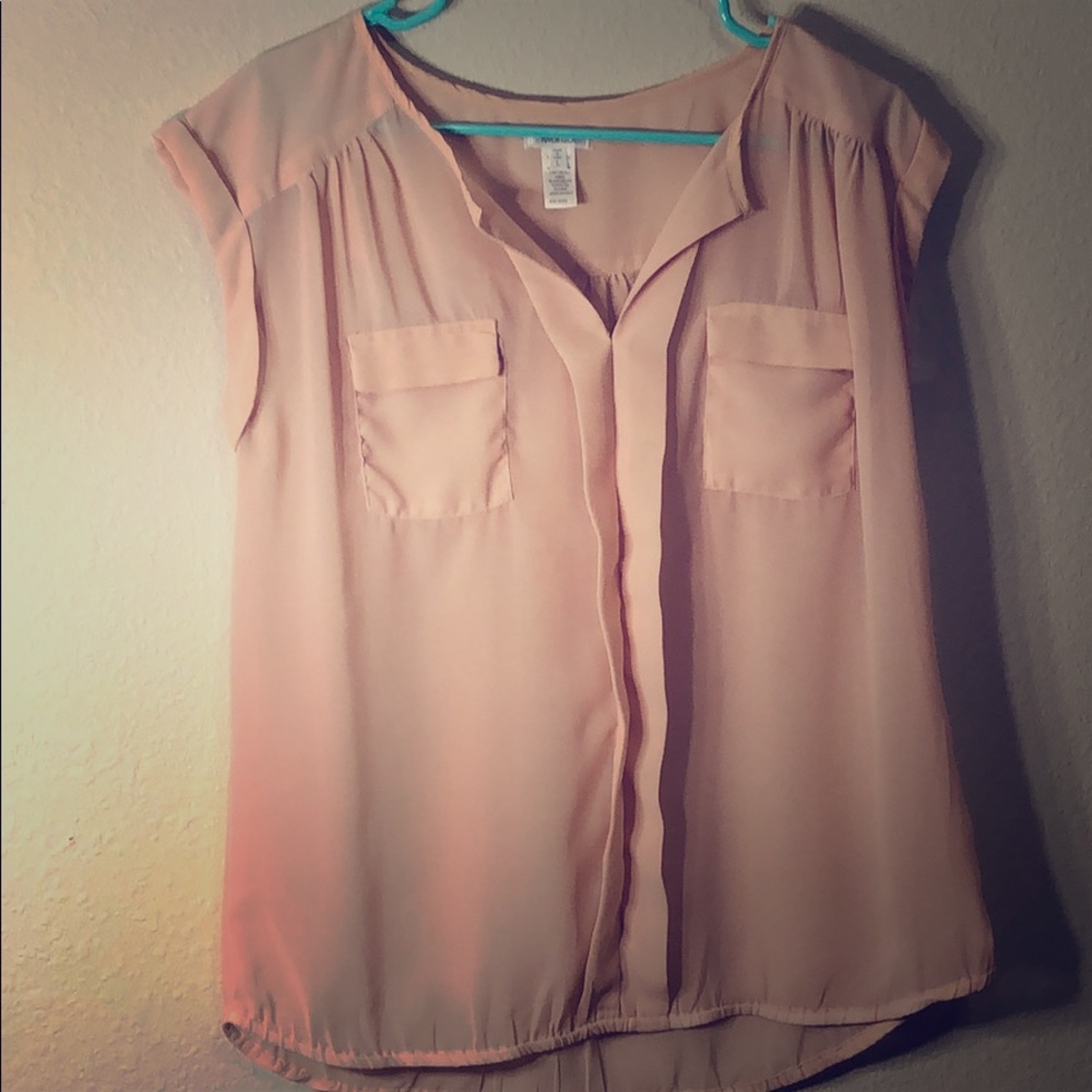 Rose colored flowy blouse.